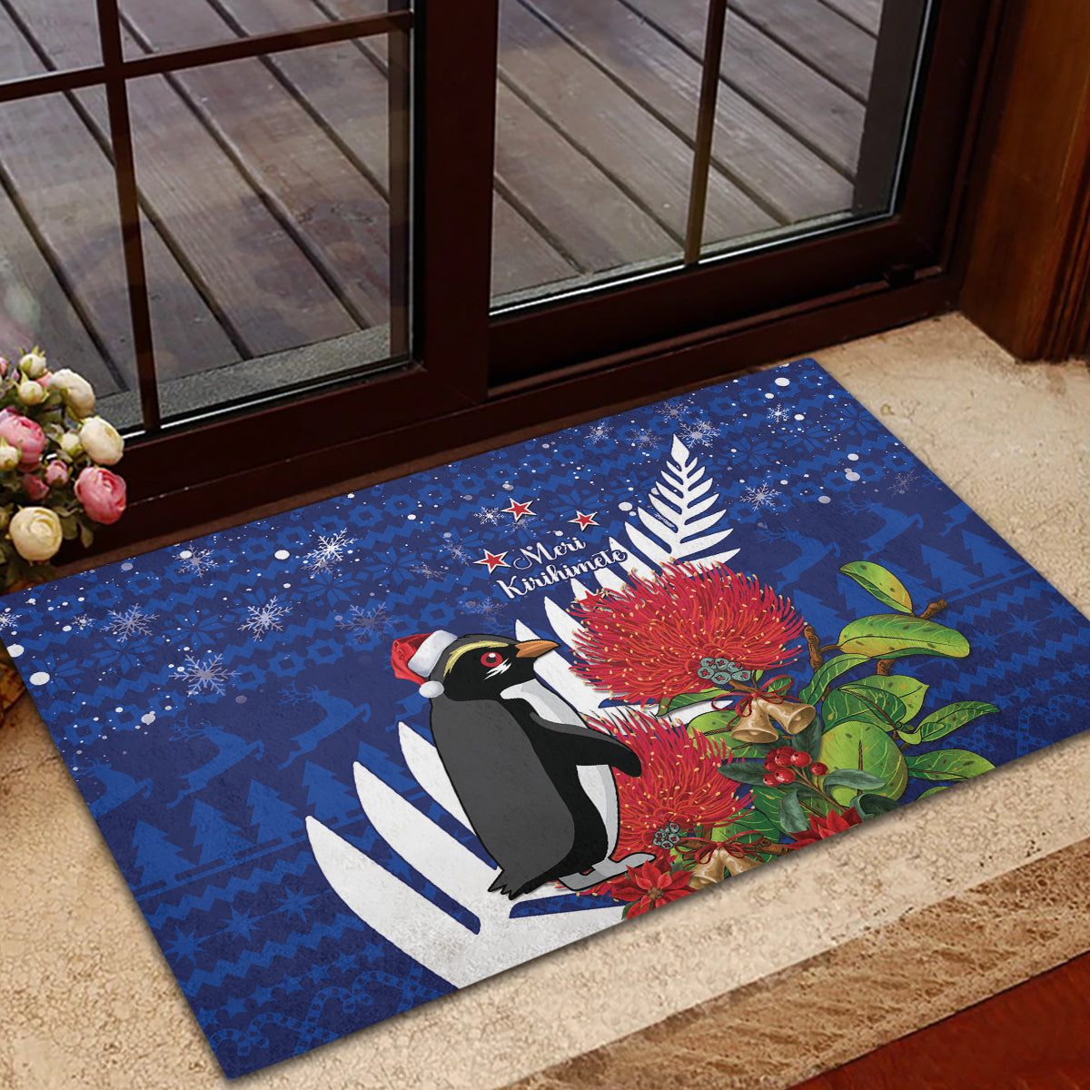 New Zealand Christmas In July Rubber Doormat Fiordland Penguin With Pohutukawa Flower