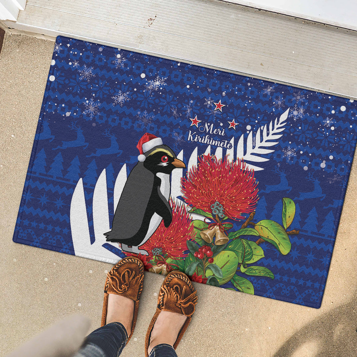 New Zealand Christmas In July Rubber Doormat Fiordland Penguin With Pohutukawa Flower