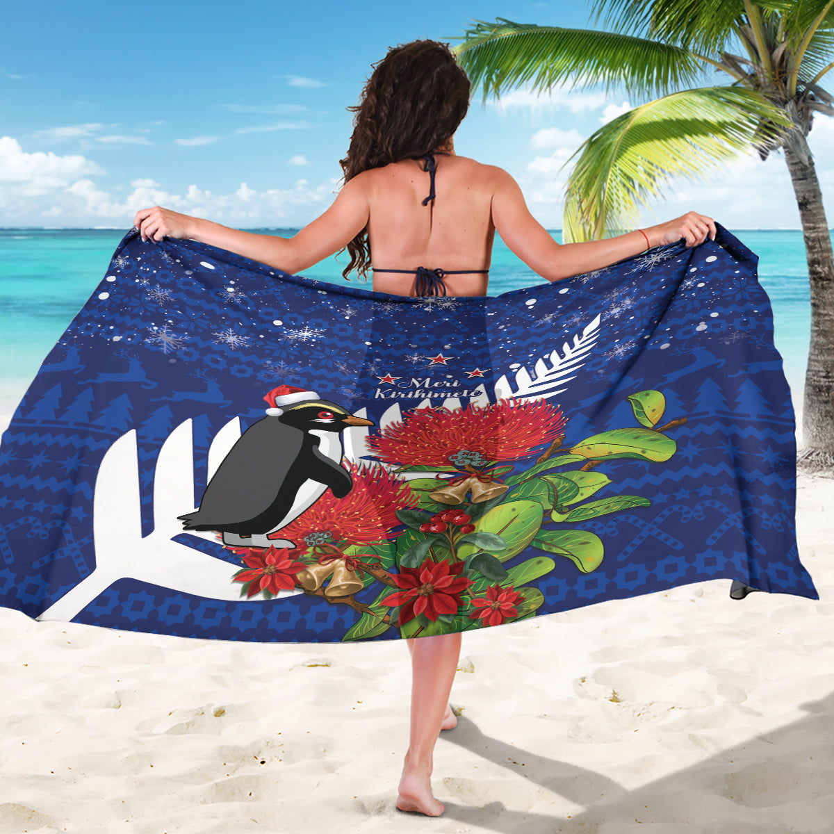 New Zealand Christmas In July Sarong Fiordland Penguin With Pohutukawa Flower