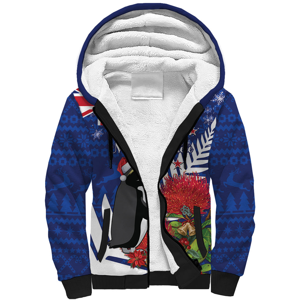 New Zealand Christmas In July Sherpa Hoodie Fiordland Penguin With Pohutukawa Flower