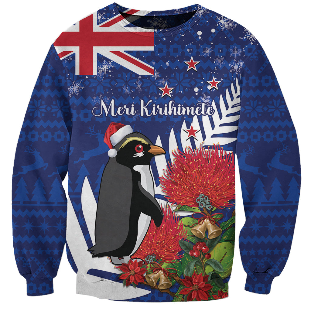 New Zealand Christmas In July Sweatshirt Fiordland Penguin With Pohutukawa Flower