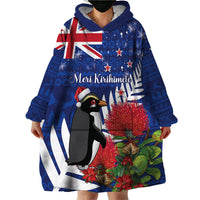 New Zealand Christmas In July Wearable Blanket Hoodie Fiordland Penguin With Pohutukawa Flower