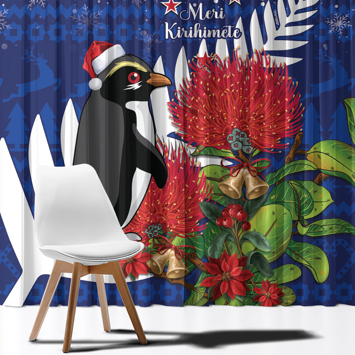 New Zealand Christmas In July Window Curtain Fiordland Penguin With Pohutukawa Flower