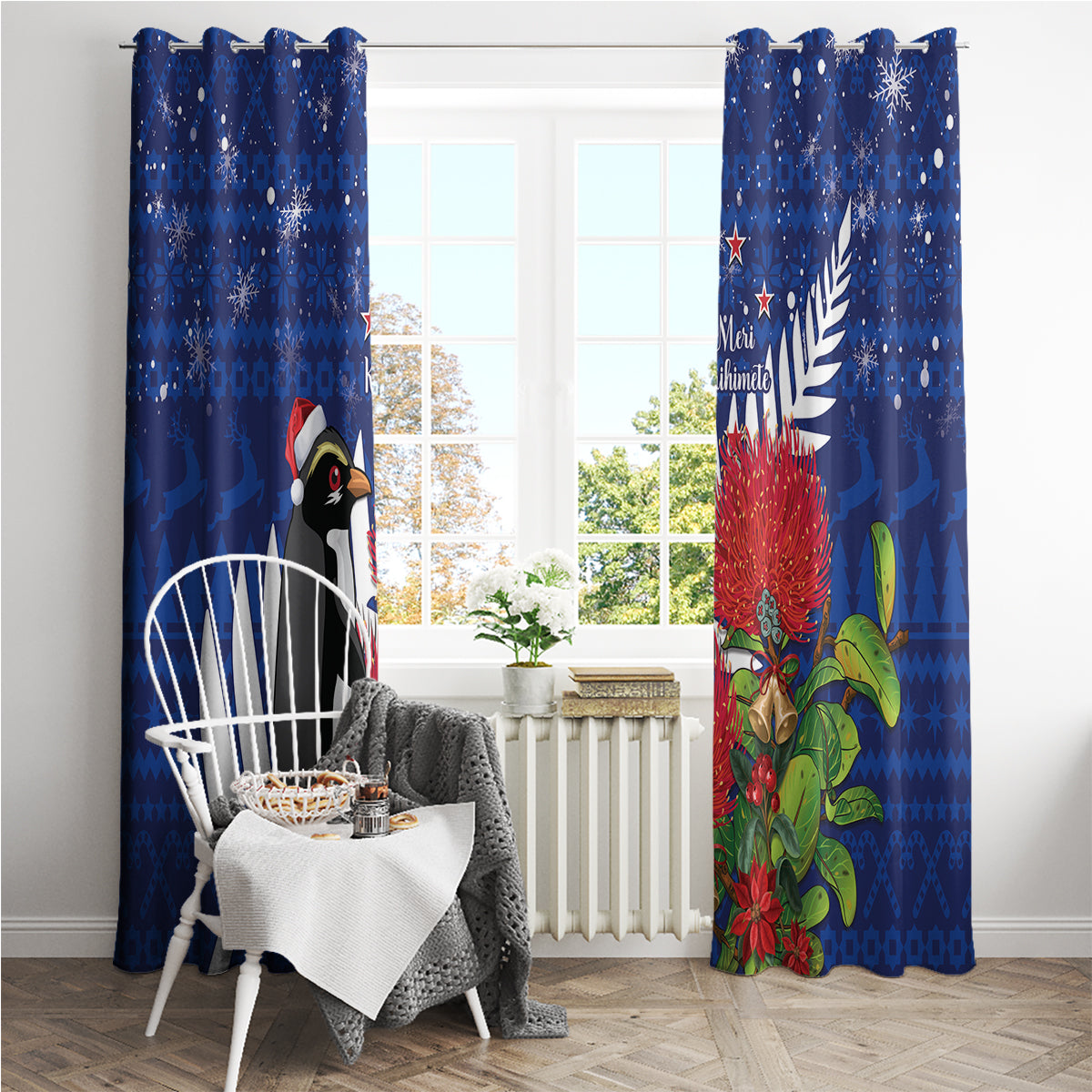 New Zealand Christmas In July Window Curtain Fiordland Penguin With Pohutukawa Flower