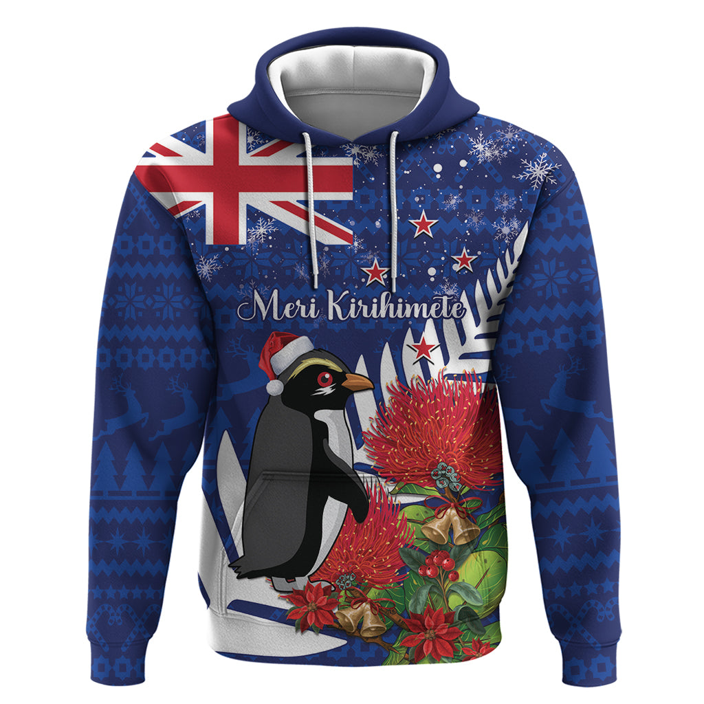 New Zealand Christmas In July Zip Hoodie Fiordland Penguin With Pohutukawa Flower