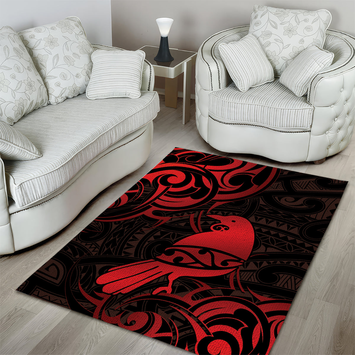 New Zealand Tui Bird Area Rug Aotearoa Maori Pattern - Red