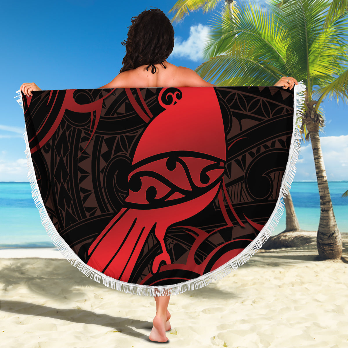 New Zealand Tui Bird Beach Blanket Aotearoa Maori Pattern - Red