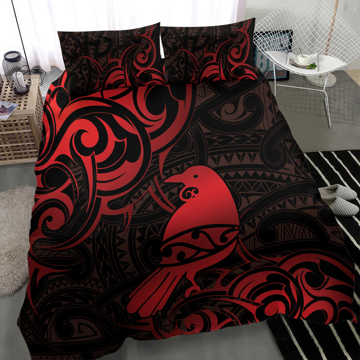 New Zealand Tui Bird Bedding Set Aotearoa Maori Pattern - Red