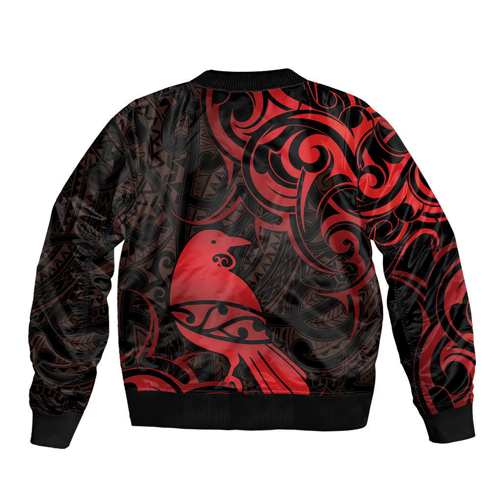 New Zealand Tui Bird Bomber Jacket Aotearoa Maori Pattern - Red