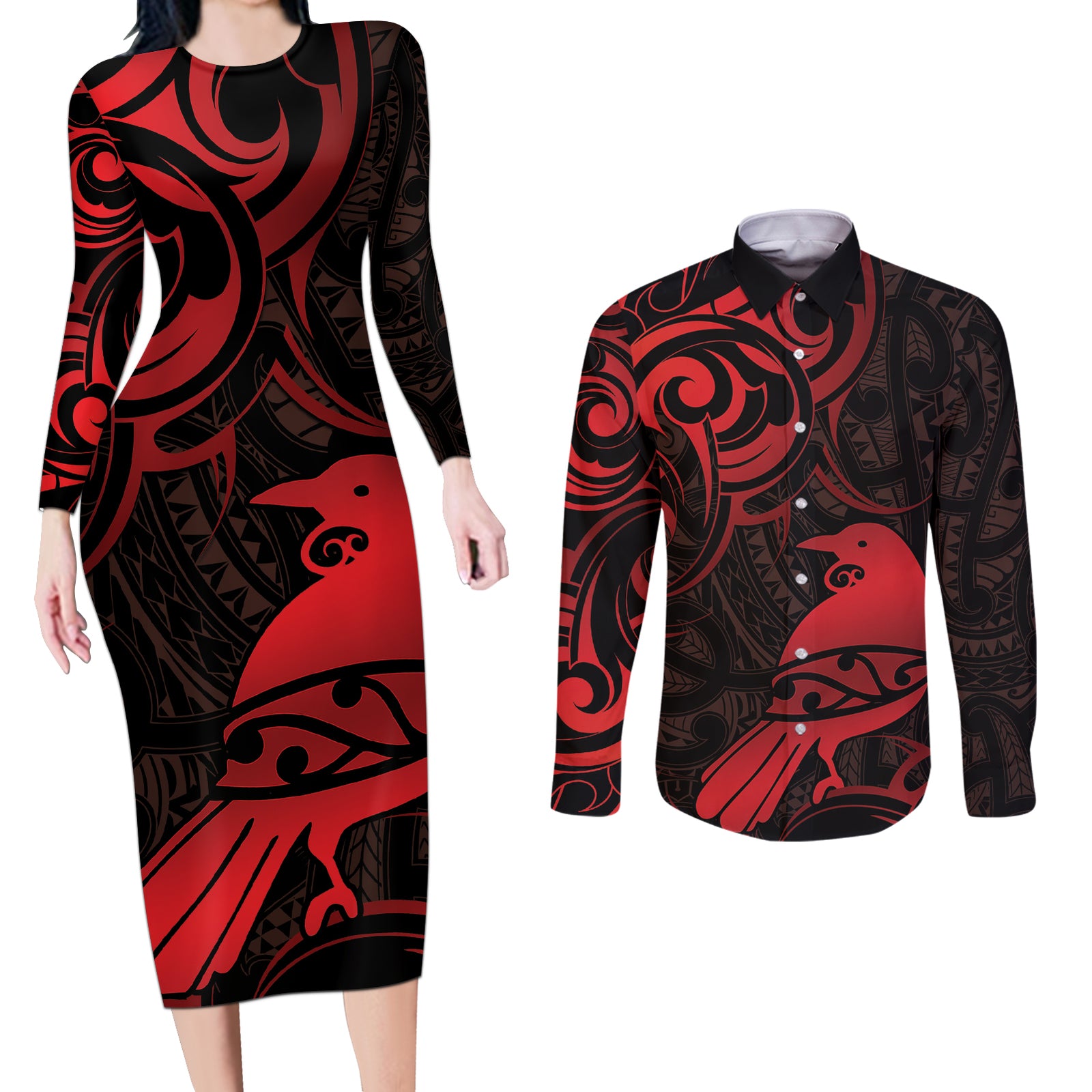 New Zealand Tui Bird Couples Matching Long Sleeve Bodycon Dress and Long Sleeve Button Shirt Aotearoa Maori Pattern - Red