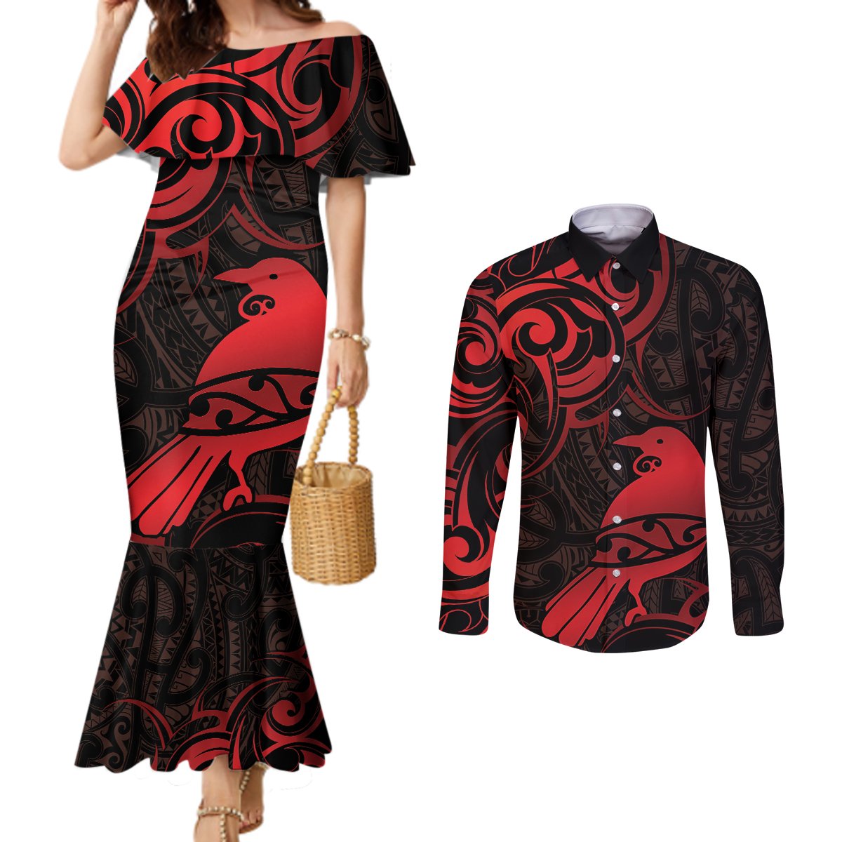 New Zealand Tui Bird Couples Matching Mermaid Dress and Long Sleeve Button Shirt Aotearoa Maori Pattern - Red