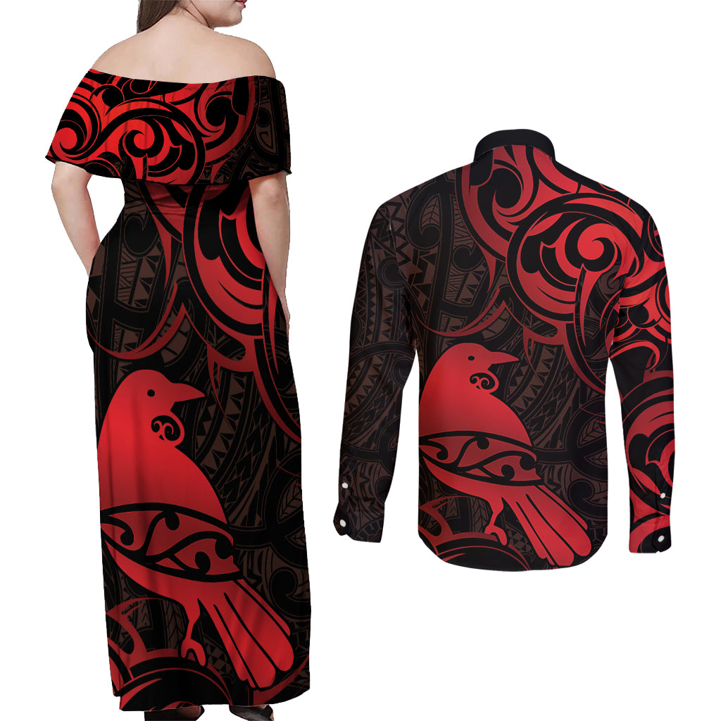 New Zealand Tui Bird Couples Matching Off Shoulder Maxi Dress and Long Sleeve Button Shirt Aotearoa Maori Pattern - Red