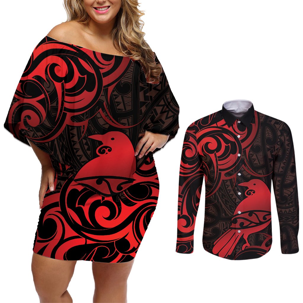 New Zealand Tui Bird Couples Matching Off Shoulder Short Dress and Long Sleeve Button Shirt Aotearoa Maori Pattern - Red