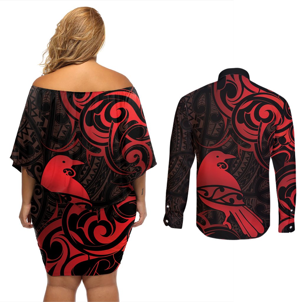 New Zealand Tui Bird Couples Matching Off Shoulder Short Dress and Long Sleeve Button Shirt Aotearoa Maori Pattern - Red