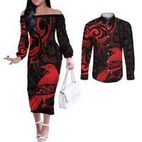 New Zealand Tui Bird Couples Matching Off The Shoulder Long Sleeve Dress and Long Sleeve Button Shirt Aotearoa Maori Pattern - Red