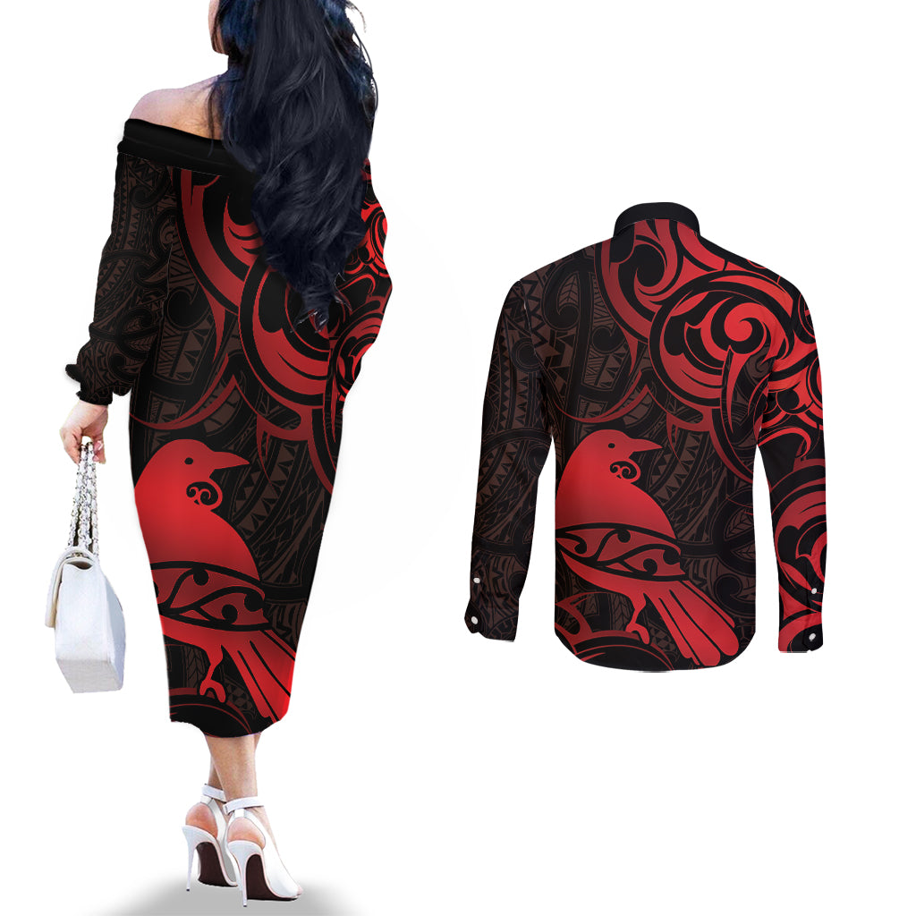 New Zealand Tui Bird Couples Matching Off The Shoulder Long Sleeve Dress and Long Sleeve Button Shirt Aotearoa Maori Pattern - Red