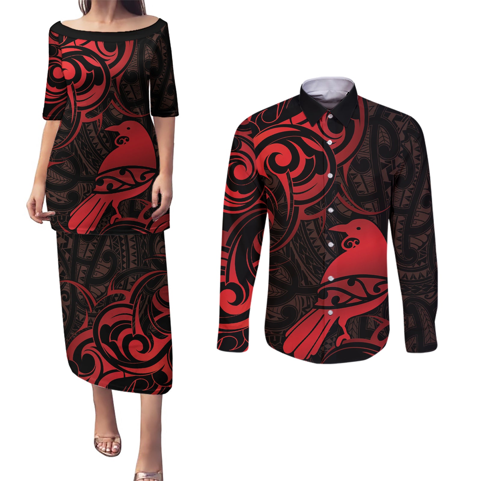 New Zealand Tui Bird Couples Matching Puletasi and Long Sleeve Button Shirt Aotearoa Maori Pattern - Red