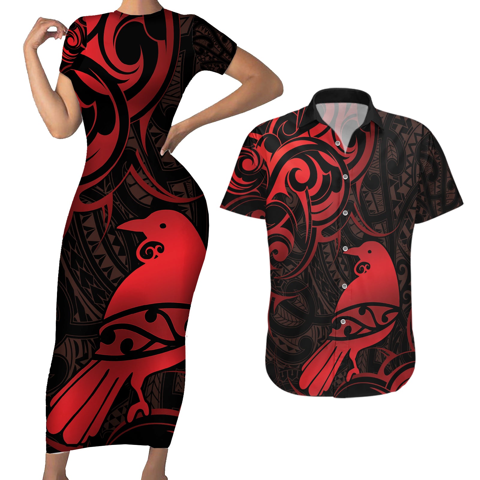 New Zealand Tui Bird Couples Matching Short Sleeve Bodycon Dress and Hawaiian Shirt Aotearoa Maori Pattern - Red