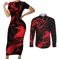 New Zealand Tui Bird Couples Matching Short Sleeve Bodycon Dress and Long Sleeve Button Shirt Aotearoa Maori Pattern - Red