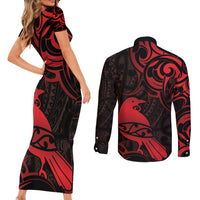 New Zealand Tui Bird Couples Matching Short Sleeve Bodycon Dress and Long Sleeve Button Shirt Aotearoa Maori Pattern - Red