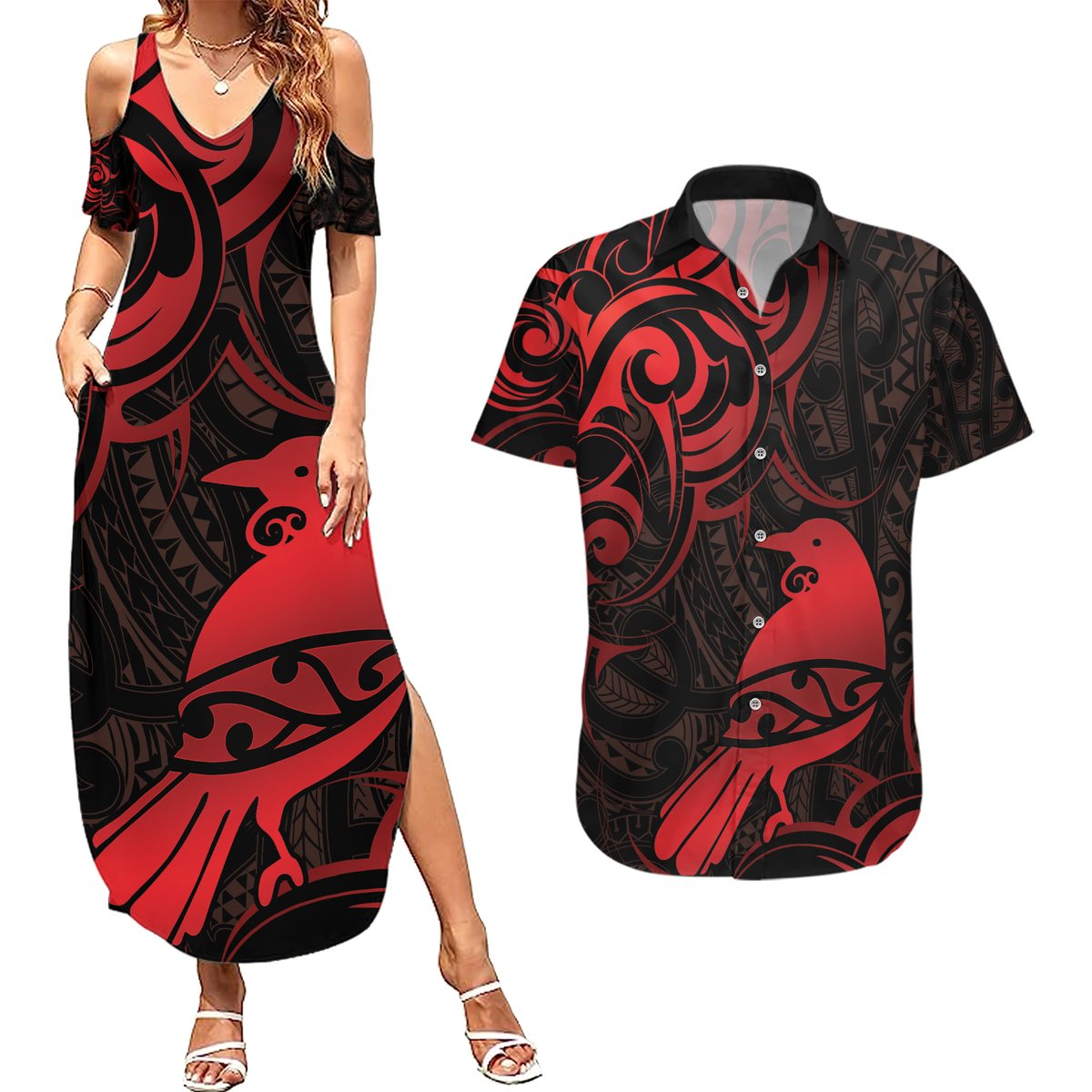 New Zealand Tui Bird Couples Matching Summer Maxi Dress and Hawaiian Shirt Aotearoa Maori Pattern - Red