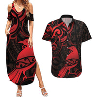 New Zealand Tui Bird Couples Matching Summer Maxi Dress and Hawaiian Shirt Aotearoa Maori Pattern - Red