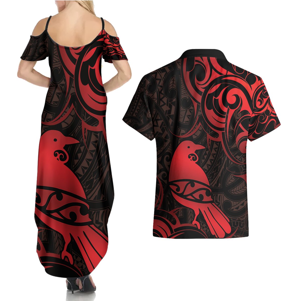 New Zealand Tui Bird Couples Matching Summer Maxi Dress and Hawaiian Shirt Aotearoa Maori Pattern - Red