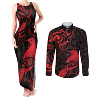 New Zealand Tui Bird Couples Matching Tank Maxi Dress and Long Sleeve Button Shirt Aotearoa Maori Pattern - Red