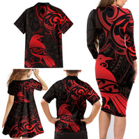 New Zealand Tui Bird Family Matching Long Sleeve Bodycon Dress and Hawaiian Shirt Aotearoa Maori Pattern - Red