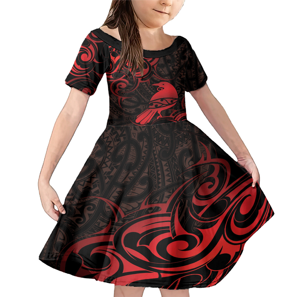New Zealand Tui Bird Family Matching Mermaid Dress and Hawaiian Shirt Aotearoa Maori Pattern - Red