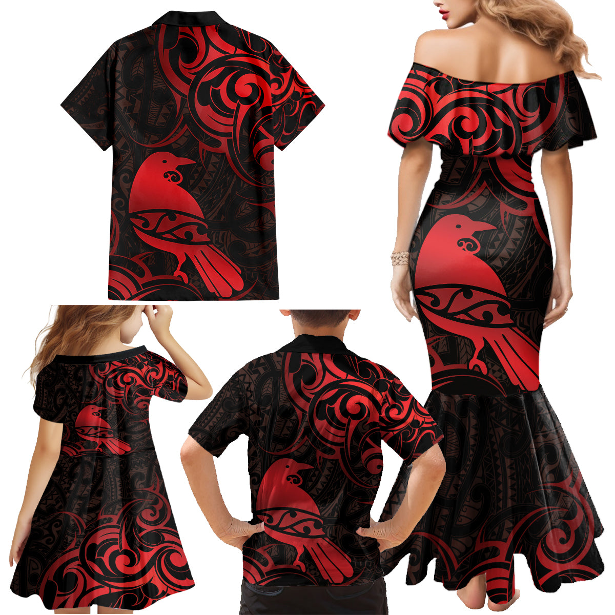 New Zealand Tui Bird Family Matching Mermaid Dress and Hawaiian Shirt Aotearoa Maori Pattern - Red