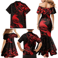 New Zealand Tui Bird Family Matching Mermaid Dress and Hawaiian Shirt Aotearoa Maori Pattern - Red