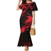 New Zealand Tui Bird Family Matching Mermaid Dress and Hawaiian Shirt Aotearoa Maori Pattern - Red