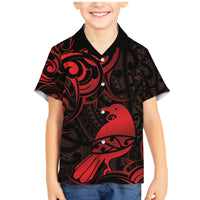 New Zealand Tui Bird Family Matching Mermaid Dress and Hawaiian Shirt Aotearoa Maori Pattern - Red