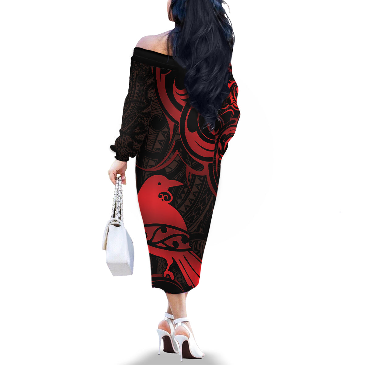 New Zealand Tui Bird Family Matching Off The Shoulder Long Sleeve Dress and Hawaiian Shirt Aotearoa Maori Pattern - Red