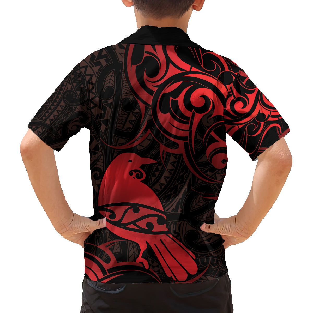 New Zealand Tui Bird Family Matching Off Shoulder Short Dress and Hawaiian Shirt Aotearoa Maori Pattern - Red