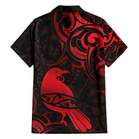 New Zealand Tui Bird Family Matching Off Shoulder Short Dress and Hawaiian Shirt Aotearoa Maori Pattern - Red