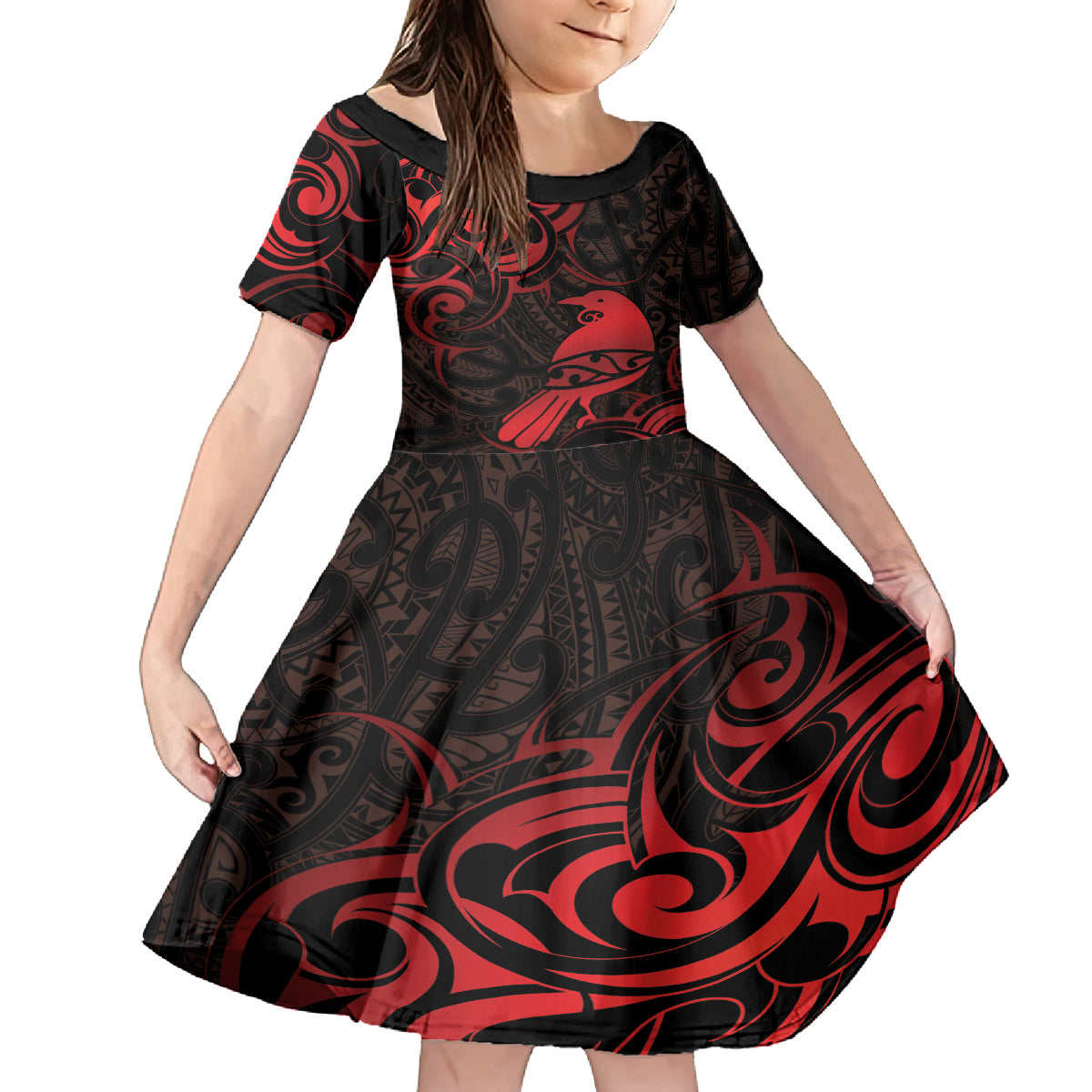 New Zealand Tui Bird Family Matching Tank Maxi Dress and Hawaiian Shirt Aotearoa Maori Pattern - Red