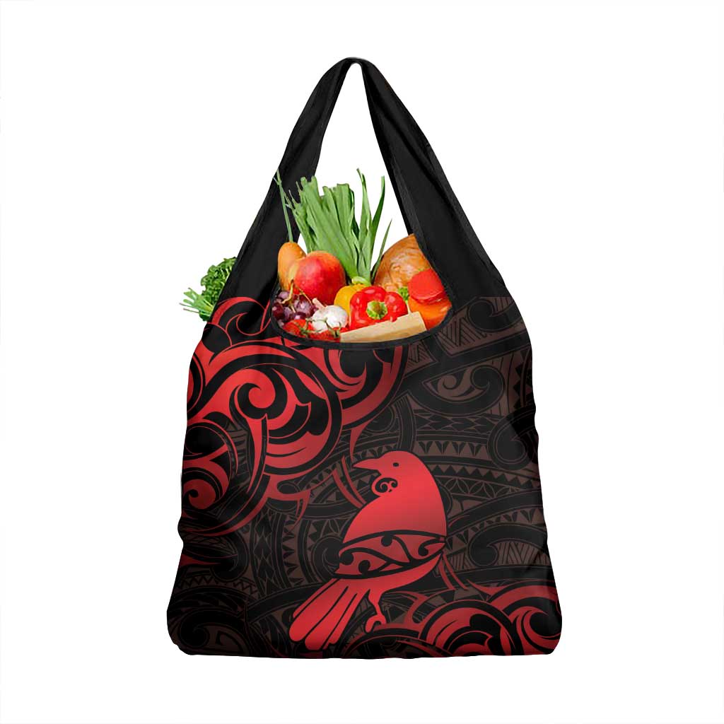 New Zealand Tui Bird Grocery Bag Aotearoa Maori Pattern - Red