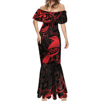New Zealand Tui Bird Mermaid Dress Aotearoa Maori Pattern - Red