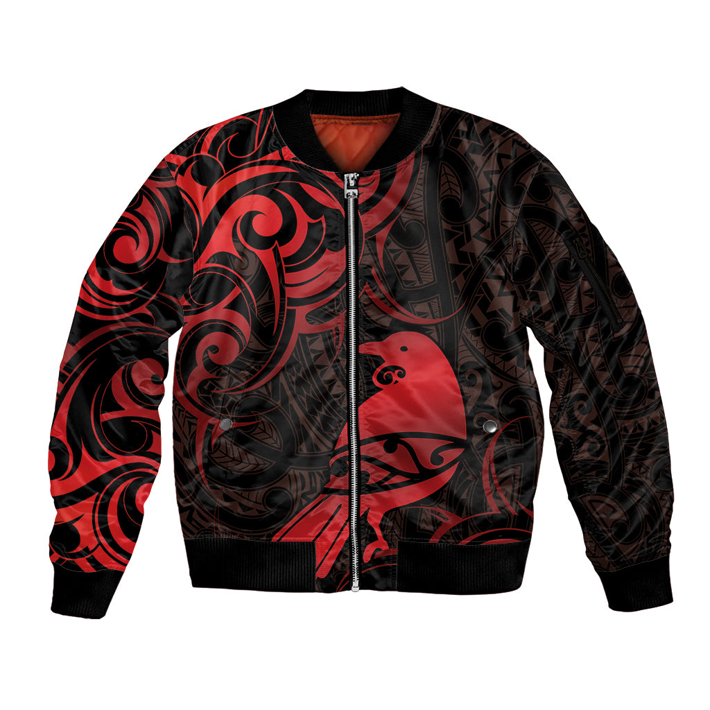 New Zealand Tui Bird Sleeve Zip Bomber Jacket Aotearoa Maori Pattern - Red