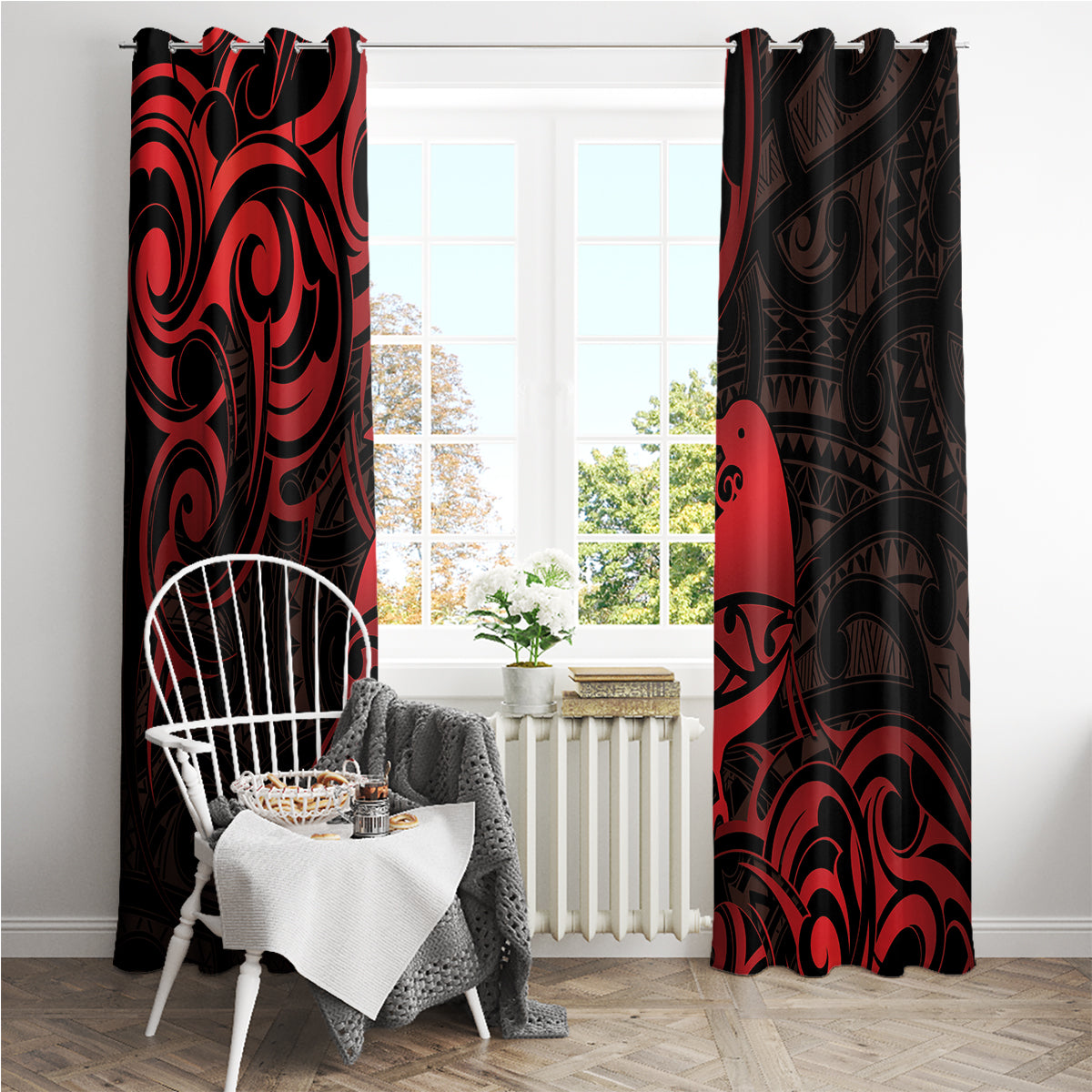 New Zealand Tui Bird Window Curtain Aotearoa Maori Pattern - Red
