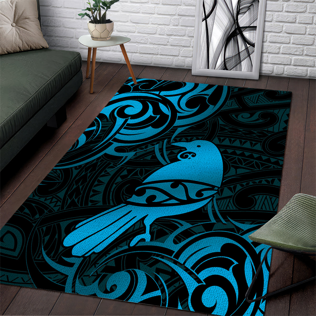 New Zealand Tui Bird Area Rug Aotearoa Maori Pattern - Blue
