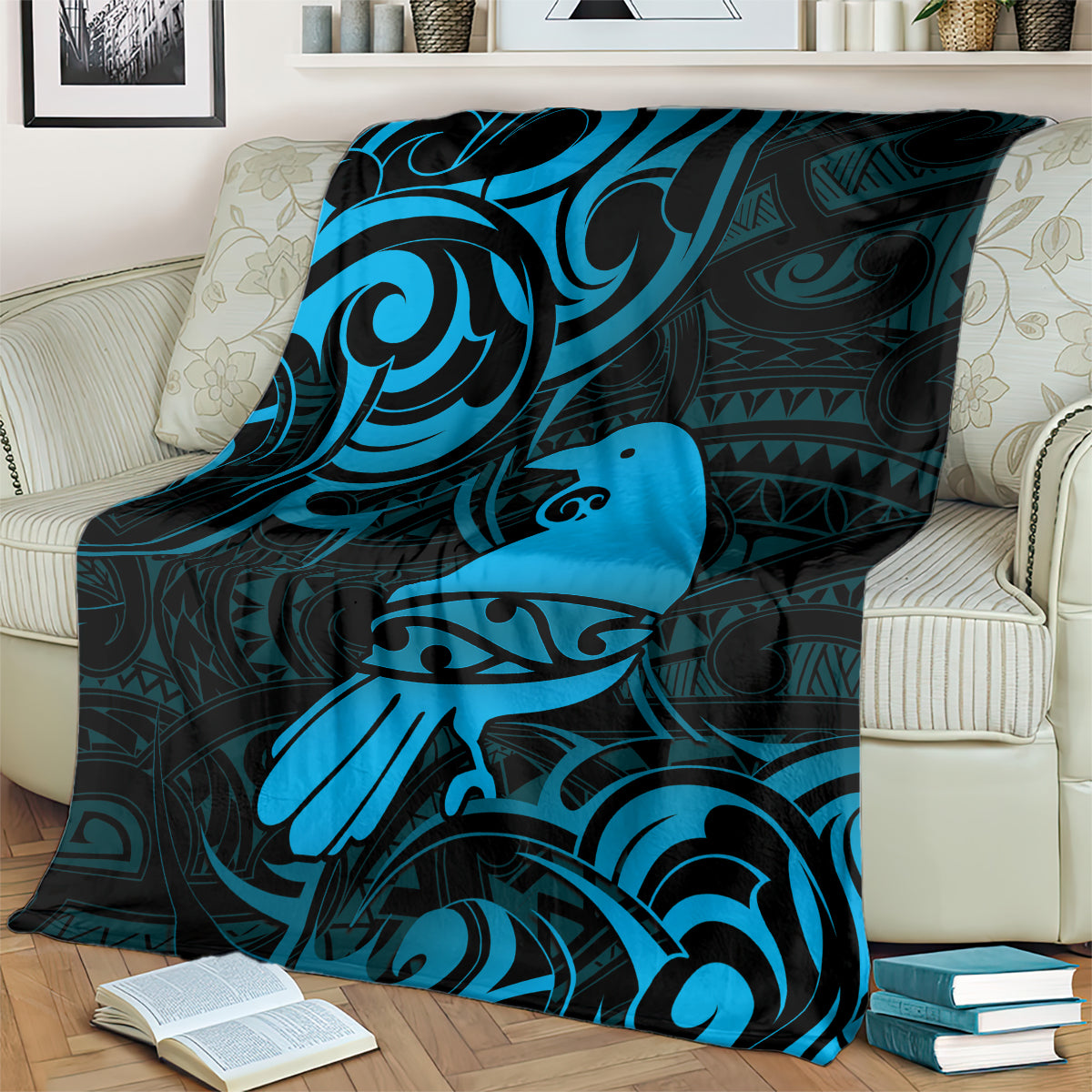 New Zealand Tui Bird Blanket Aotearoa Maori Pattern - Blue
