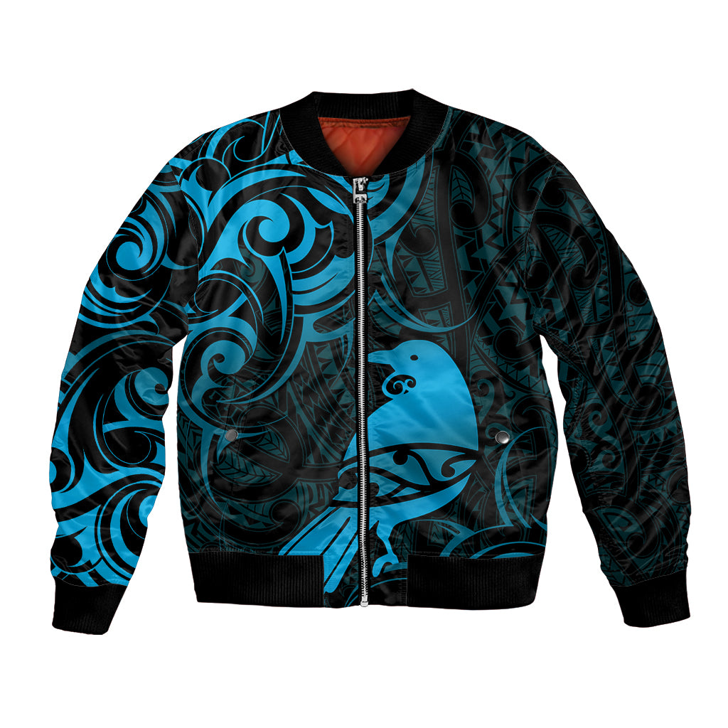 New Zealand Tui Bird Bomber Jacket Aotearoa Maori Pattern - Blue