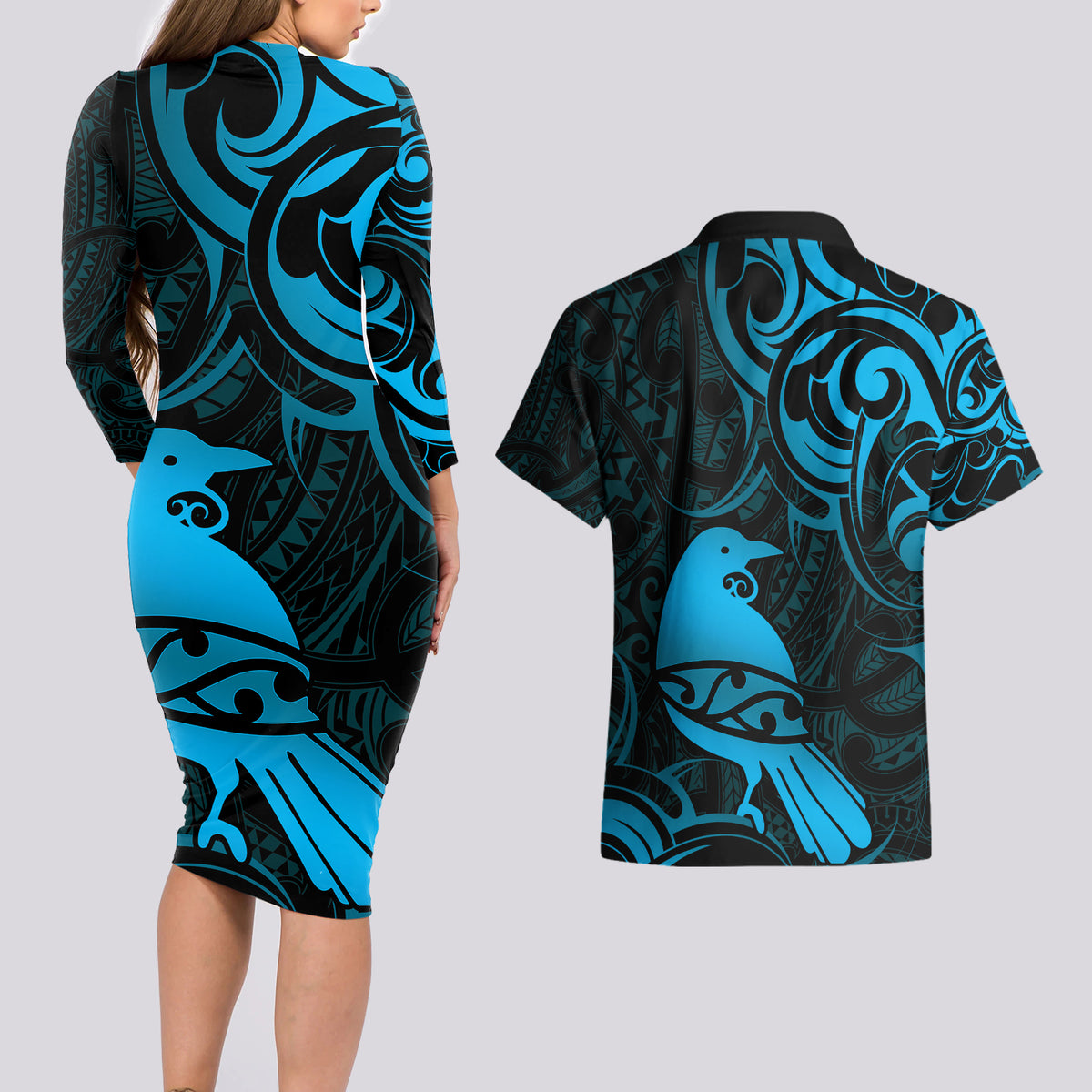 New Zealand Tui Bird Couples Matching Long Sleeve Bodycon Dress and Hawaiian Shirt Aotearoa Maori Pattern - Blue