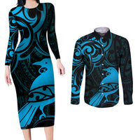 New Zealand Tui Bird Couples Matching Long Sleeve Bodycon Dress and Long Sleeve Button Shirt Aotearoa Maori Pattern - Blue