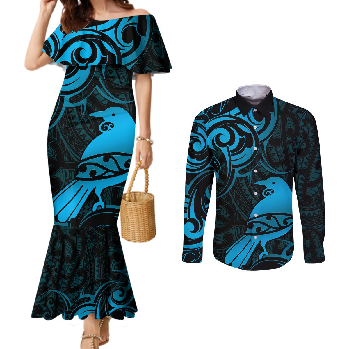 New Zealand Tui Bird Couples Matching Mermaid Dress and Long Sleeve Button Shirt Aotearoa Maori Pattern - Blue