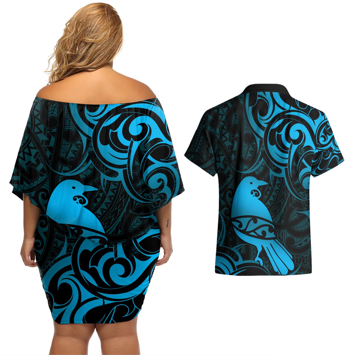 New Zealand Tui Bird Couples Matching Off Shoulder Short Dress and Hawaiian Shirt Aotearoa Maori Pattern - Blue