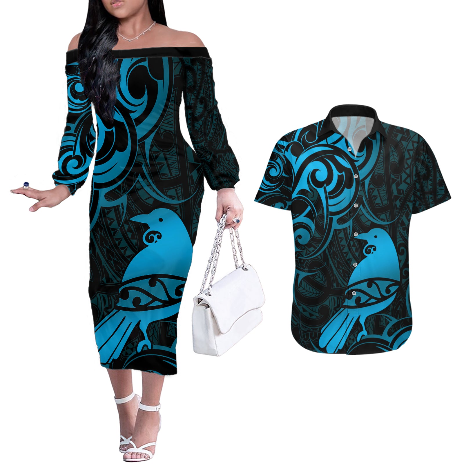 New Zealand Tui Bird Couples Matching Off The Shoulder Long Sleeve Dress and Hawaiian Shirt Aotearoa Maori Pattern - Blue